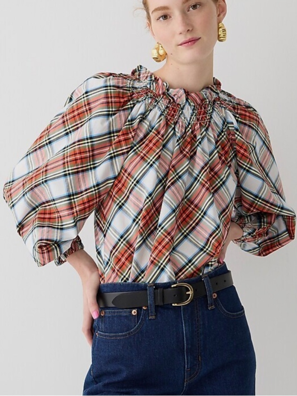 J. Crew BN624 Pretty Snowy Tartan Plaid Smocked-Neck Popover Top size XS